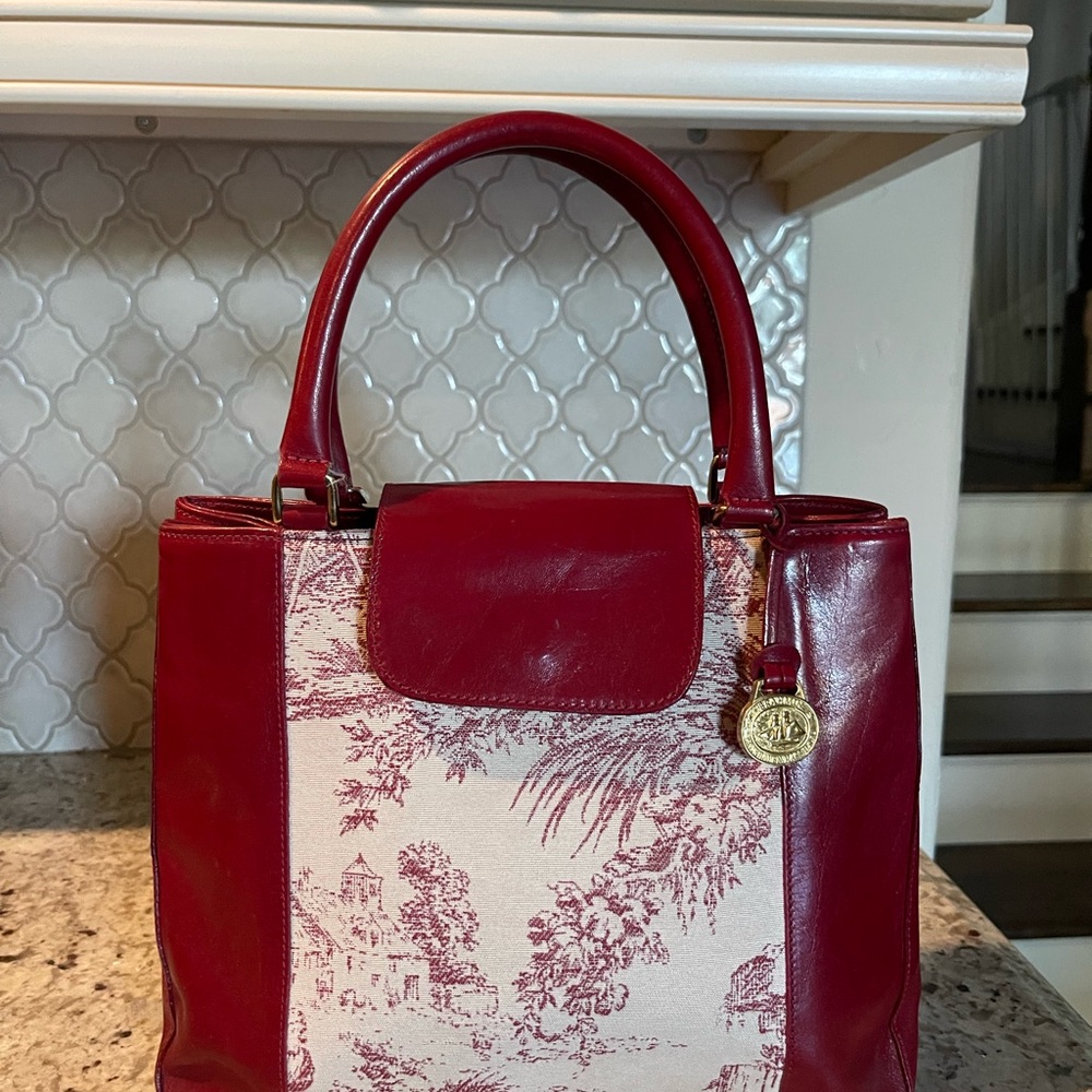 Vintage Brahmin Red and Cream Toile Satchel
